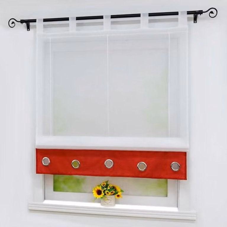 Vouwgordijn met lussen in wit-rood met uniek zoomdesign, 140 x 155 cm