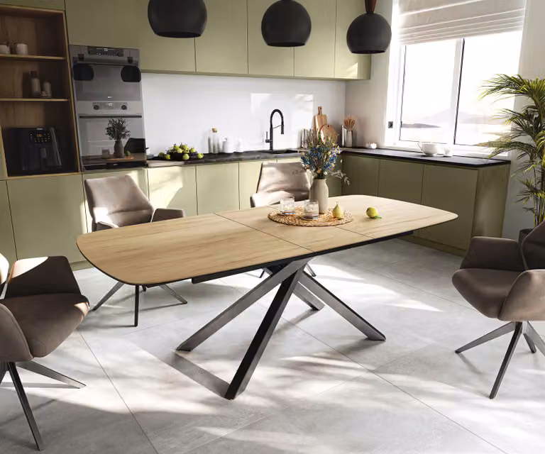 DELIFE Edge Boot Eettafel met Keramiek Laminam Sabbia, Eichefarig en Grafiet, Uitschuifbaar, B/D/H: 180 x 100 x 75 cm tot 220 x 100 x 75 cm