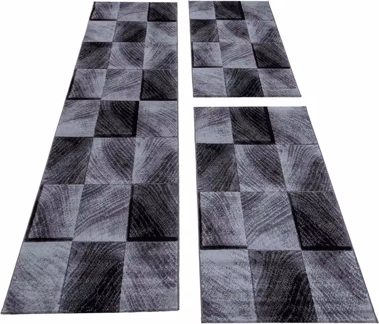 Set van 3 Vloerkleden Bedomranding Zwart Grijs - Modern Geruit Tapijt voor Slaapkamer of Hal - B/D: 80 x 150 cm (2x) en 80 x 300 cm (1x)
