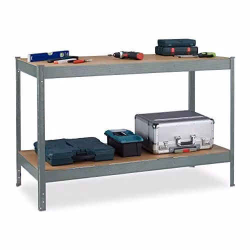 Relaxdays Werkbank met 2 verstelbare etages, draagvermogen 600 kg, staal en hout, antraciet/bruin, H x B x D: 91 x 141 x 61 cm