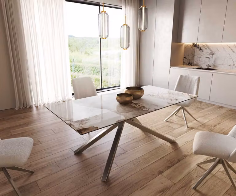 DELIFE Eetkamertafel Edge, Keramiek, Wit-beige, RVS kruisframe, Rechthoekig, B/D/H: 200 x 100 x 76 cm