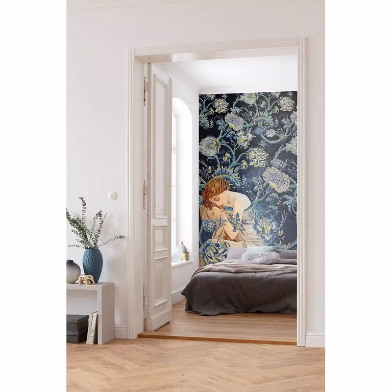 home24 Fotobehang Femme d'Or Blauw Floral Art Nouveau B: 200 cm, H: 280 cm