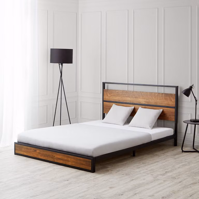 Homestyle4u Tweepersoonsbed met Metaalbed en Houten Frame, Zwart, B/D/H: 140 x 200 cm