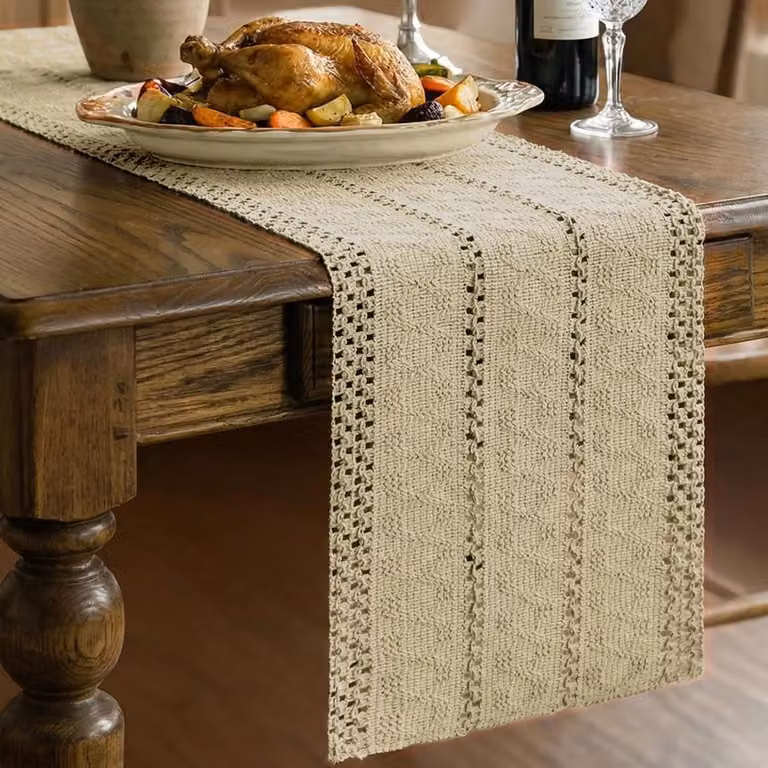 Lichtbruine katoenen linnen tafelrunner met boho rustieke decoratie voor je keuken of eettafel, 30 x 140 cm