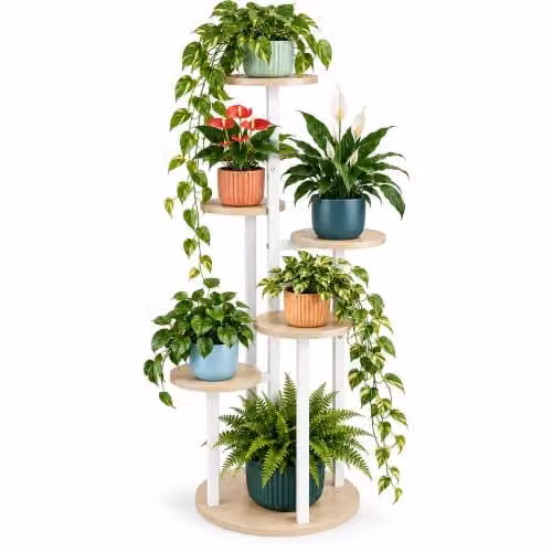 Relaxdays Plantenstandaard met 5 etages, wit, H x B x D: 118,5 x 58 x 58 cm