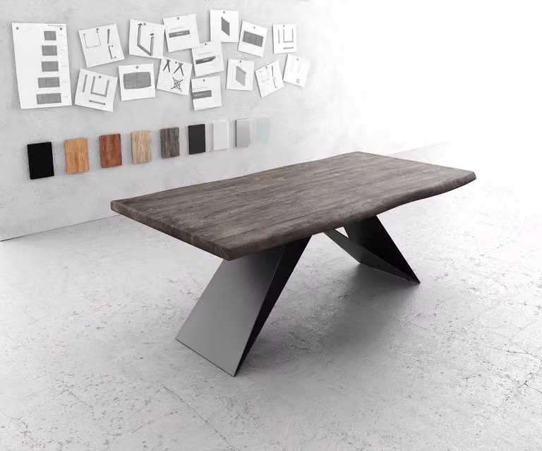 DELIFE Eettafel Edge Live-Edge Acacia en Vlakstaal, Zilver en Zwart, B/D/H: 200 x 100 x 75,5 cm