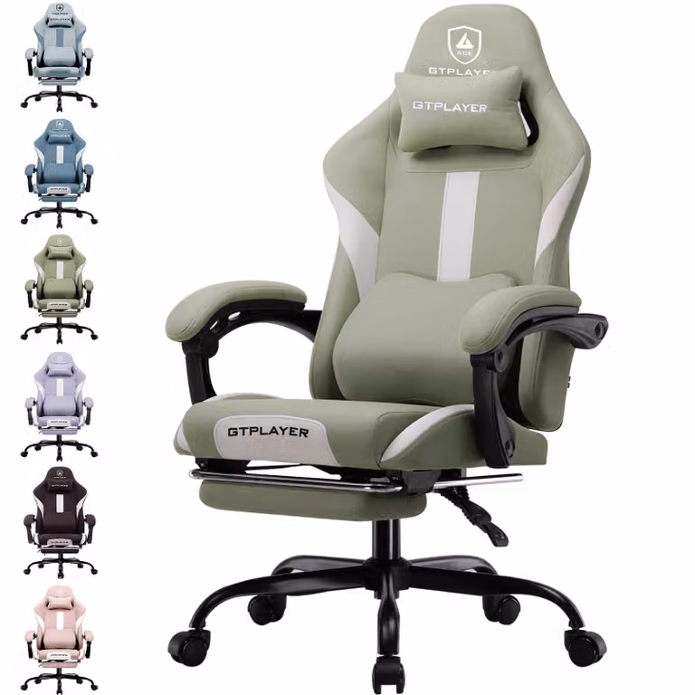 GTPLAYER Gaming Stoel, ergonomische fauteuil met stoffen bekleding en voetsteun, Groen