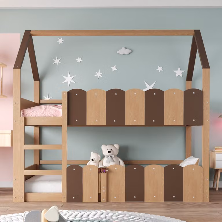 STILVORA Stapelbed voor kinderen in huisdesign met speeldeur en veiligheidshekken, Natural Wood, 90 x 200 cm
