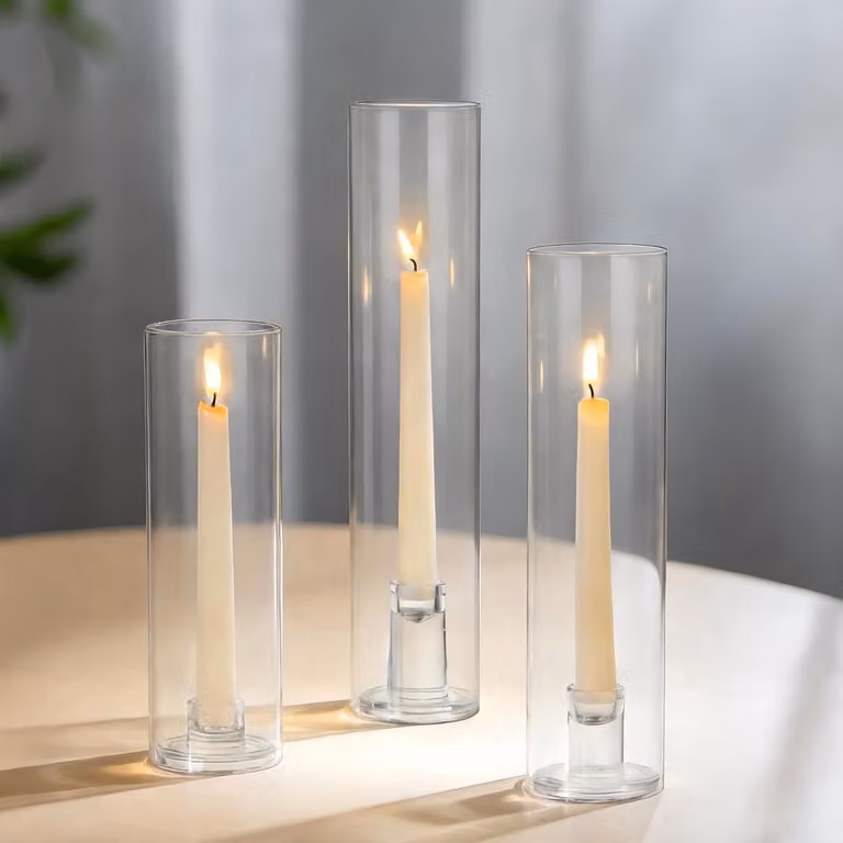 Set van 3 heldere glazen kaarsenstandaards met windscherm voor kaarsen, H x B x D: 35 x 25 x 30 cm