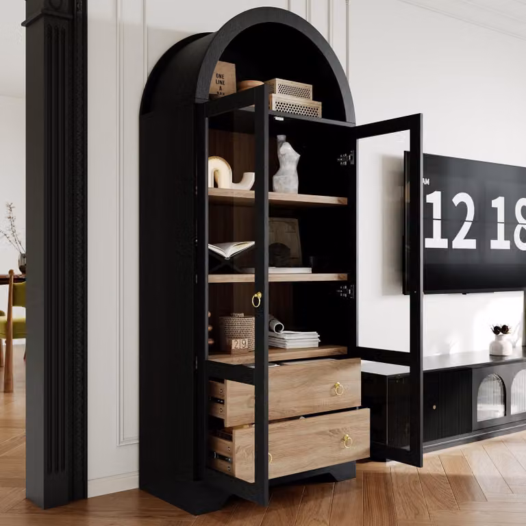 MODFU Opbergkast met gebogen design, zwarte buffetkast met glazen deuren en 2 lades, H x B x D: 180 x 76 x 40 cm