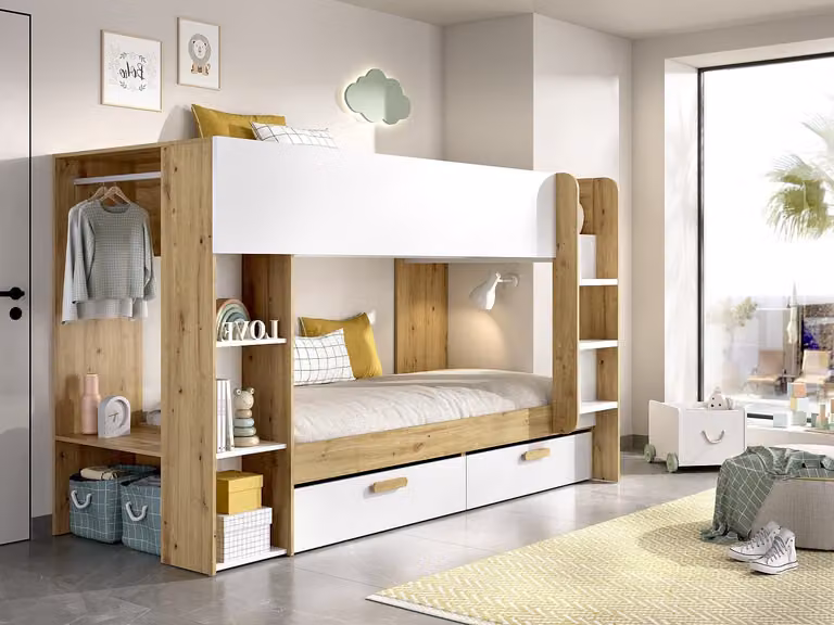 OSANA Stapelbed met opbergruimte en kledingkast inclusief matras - Wit en naturel - B/D/H: 180 x 90 x 200 cm
