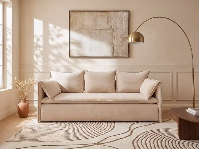 Vente-unique TEODORA Uitklapbare driezitsbank in beige ribfluweel met slaapfunctie en houten frame B: 218 cm, D: 89 cm, H: 91 cm