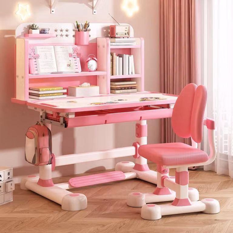 Kinderbureau en stoel set voor leren en lezen in het roze, Breedte: 80 cm
