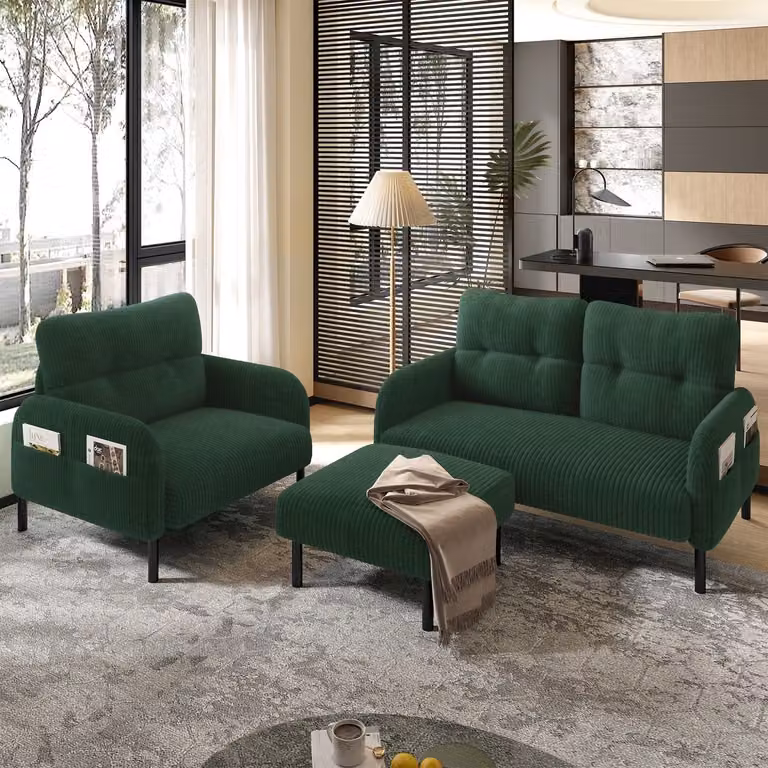 MODENUIT Zitmeubelset 3-delig - 2-Zitsbank met Fauteuil en Hocker - Ribstof - Smaragdgroen