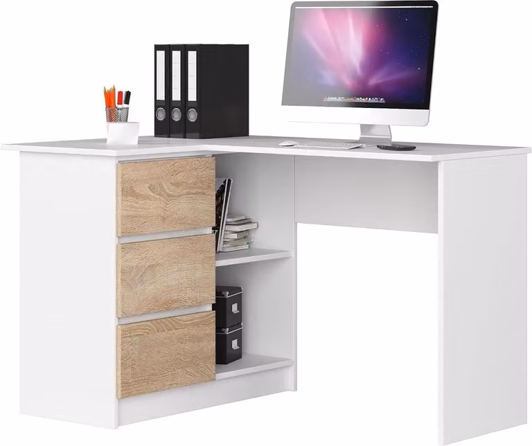 Hoekbureau met laden in Wit Sonoma Eiken voor je thuiswerkplek - B: 124 cm, D: 77 cm