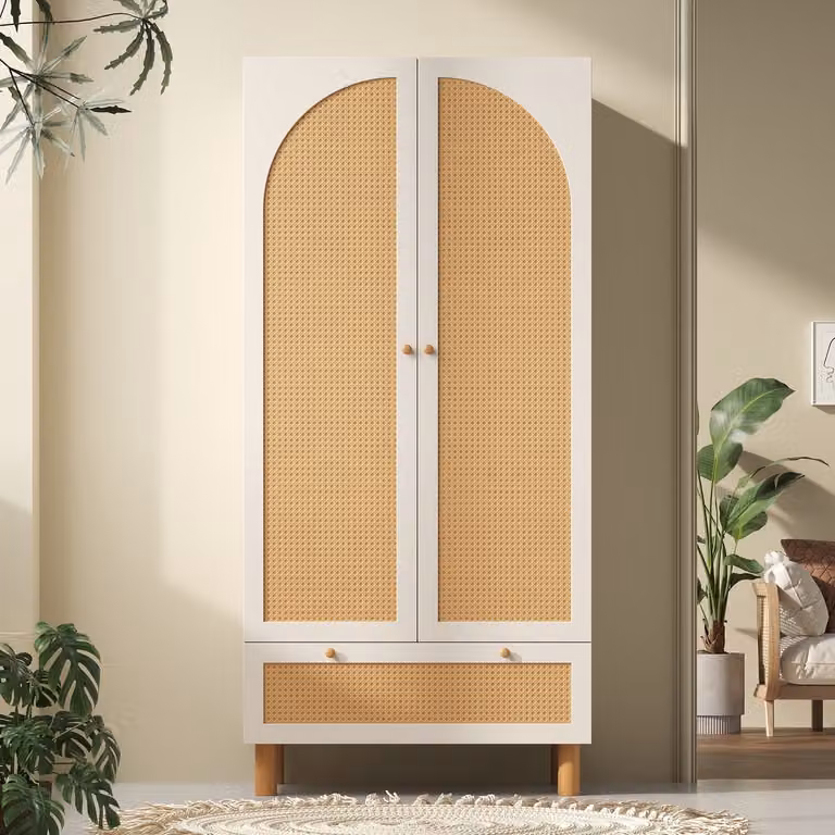 MIVRAY Kledingkast met rotan en lades, wit hout, B: 180,5 cm, D: 52 cm, H: 85,5 cm