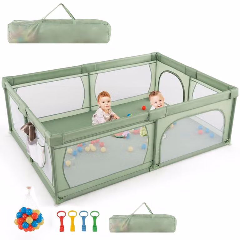 Costway Babyhekje met 50 ballen, ademend gaas en ritssluiting, Groen, 206 x 147 cm