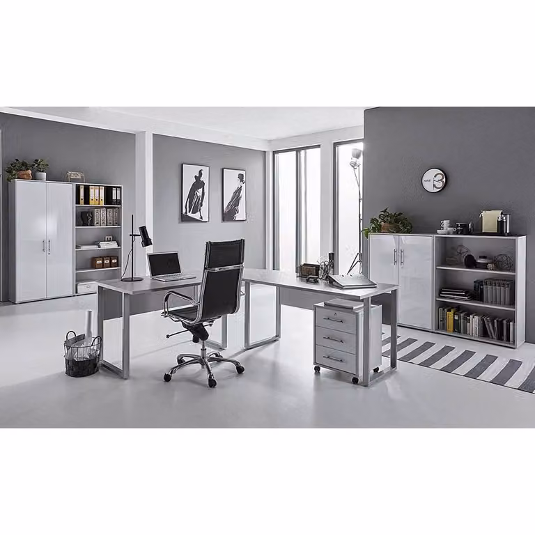 home24 Bureauset 6-delig grijs/lichtgrijs/hoogglans wit
