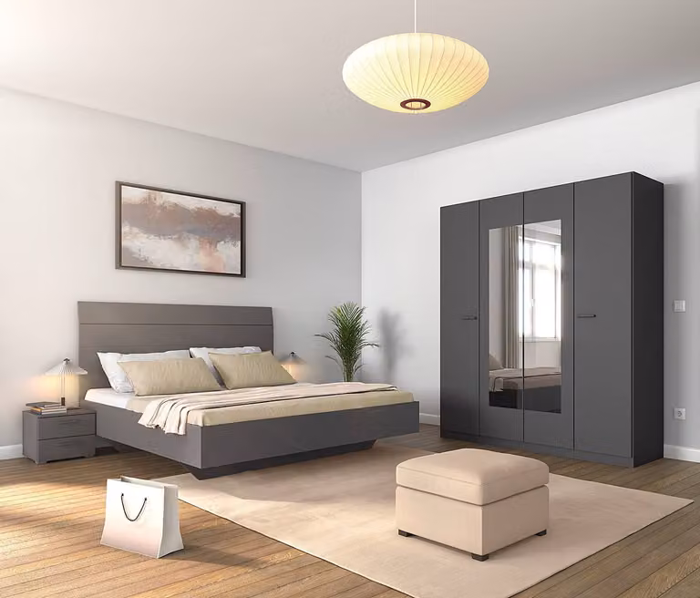 home24 Slaapkamerset met bed 180 cm, grijs/metallic grijs