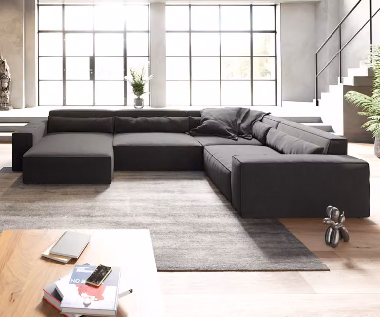 DELIFE Woonkamerlandschap Sirpio XL met variabele recamiere, zwart microvezel, 360 x 260 cm