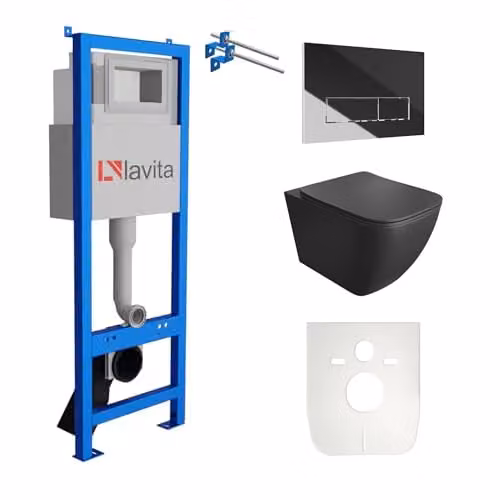 Lavita complete toiletset ONIL zwart met LAV 101 voorwandelement, diepspoelbak zonder spoelrand en LAV 200.3.2 bedieningspaneel chroom