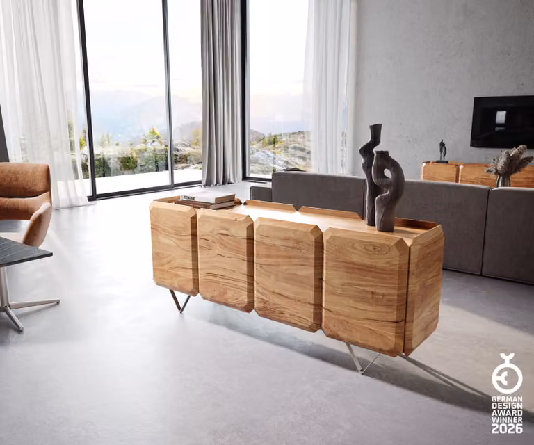 Delife Sideboard Acacia Natuur met 4 Deuren en Edelstaal V-voet, Bruin/Zilver, Breedte: 175 cm