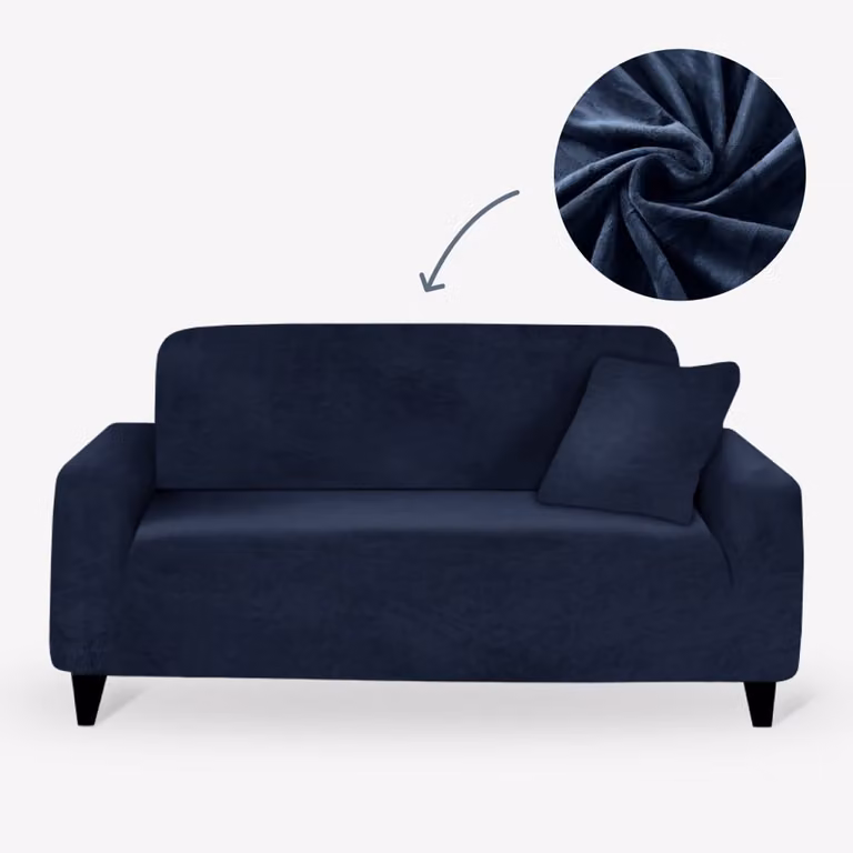 BankhoesDiscounter Velvet Voorgevormde Bankhoes M4 (220-300cm) – Donkerblauw – Stretch Sofa Cover en Bankbeschermer