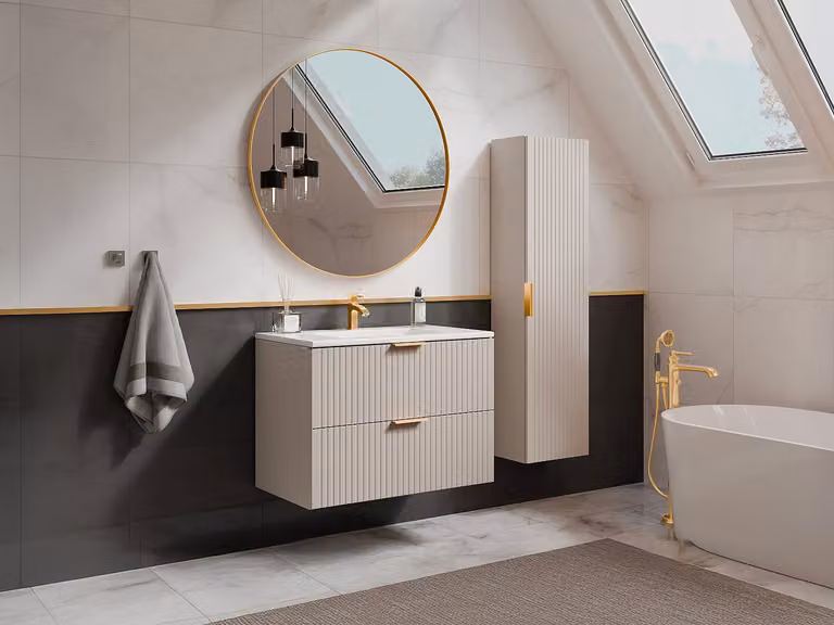Zevara Zwevend badkamermeubel met inbouwwastafel en kast, Geribbeld beige, Breedte: 80 cm