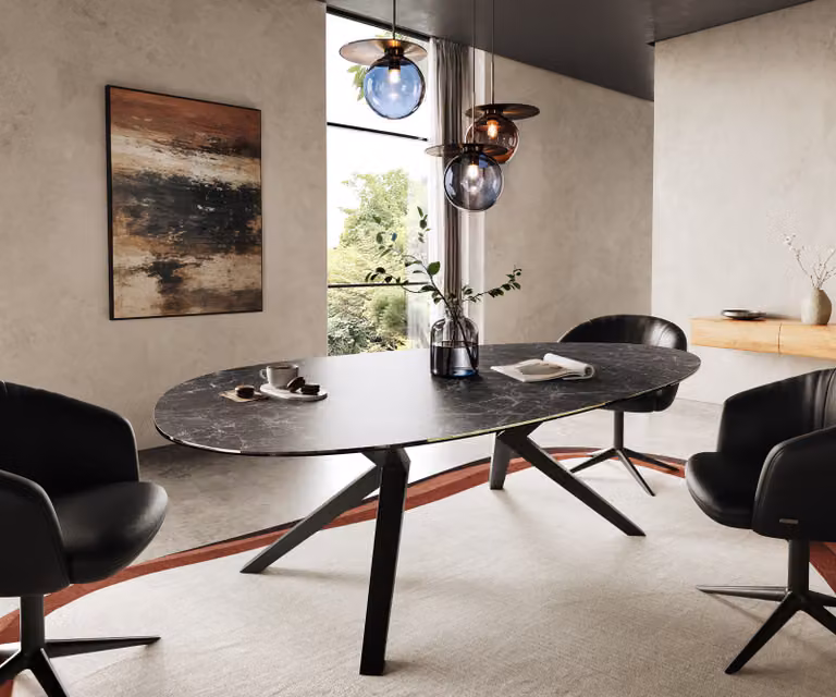 DELIFE Eetkamertafel Edge ovaal met Laminam keramiek Nero Greco Anthrazit en zwart metalen onderstel B: 220 cm, D: 120 cm, H: 76 cm