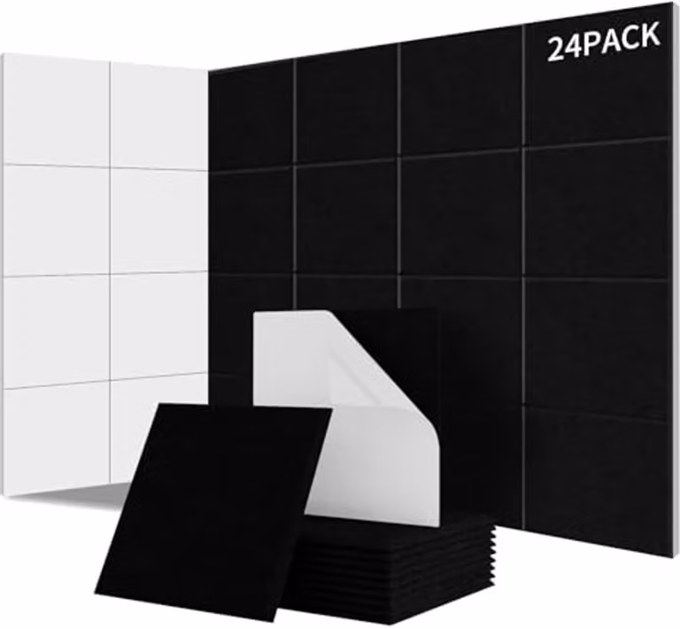 Pak van 24 Zelfklevende Akoestische Panelen voor Geluidsisolatie van Wanden en Deuren, NRC 0,95, 100% Polyester, Zwart