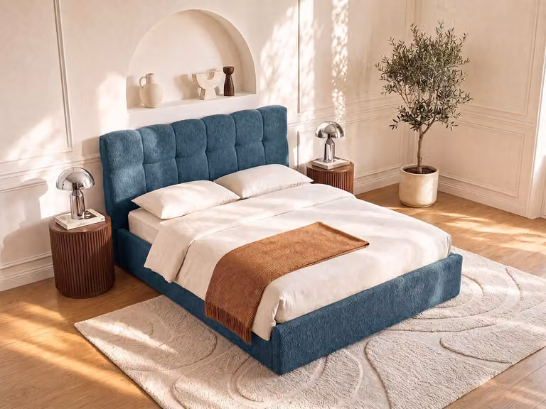 MAZIRI Bed met opbergruimte en lift-up basis in blauwgroene boucléstof, B/D/H: 160 x 200 x 218 cm