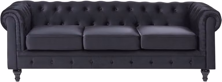 Chesterfield 3 zits bank in zwart fluweel met losse kussens