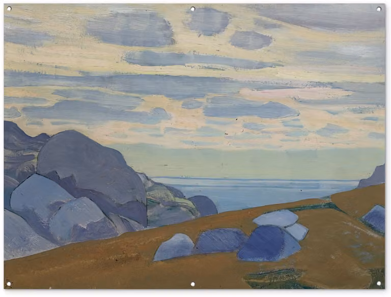 Tuindecoratie Rocks and Cliffs - Schilderij van Nicholas Roerich - Tuinposter voor buiten - Breedte: 160 cm, Hoogte: 120 cm