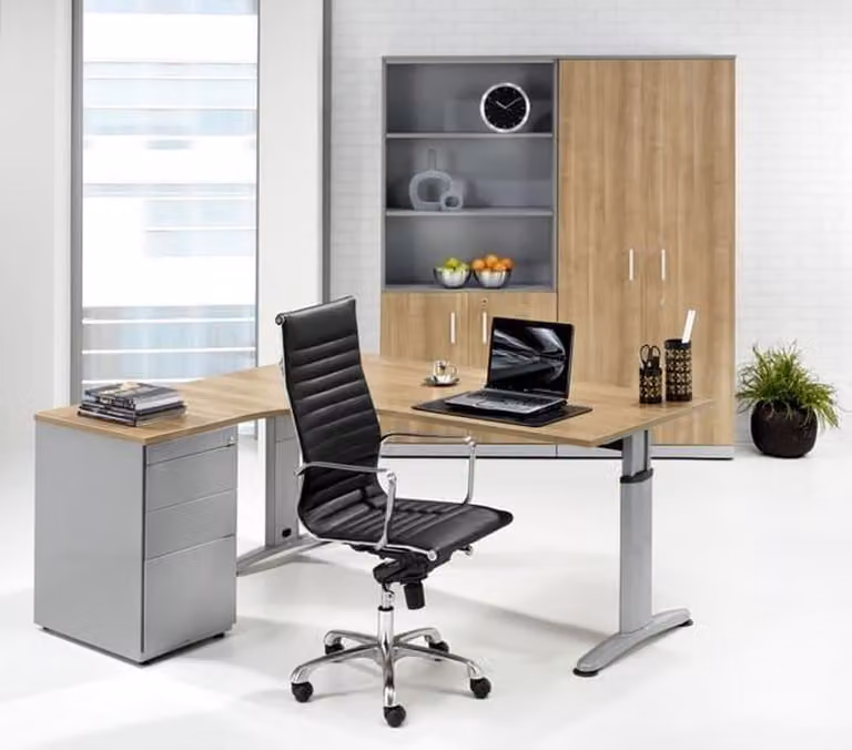 ABC Kantoormeubelen Wingbureau Work met T-poot, Hoogte verstelbaar, Licht Eiken en Zwart, Breedte: 160 cm, Diepte: 120 cm, Links