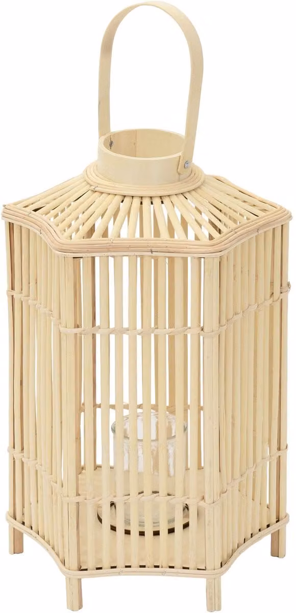 ECD Germany bamboe lantaarn, decoratieve houten windlicht serie, grote kaarsenhouder met glas en handvat, boho tuinlantaarn voor binnen en buiten, Hoogte: 60 cm
