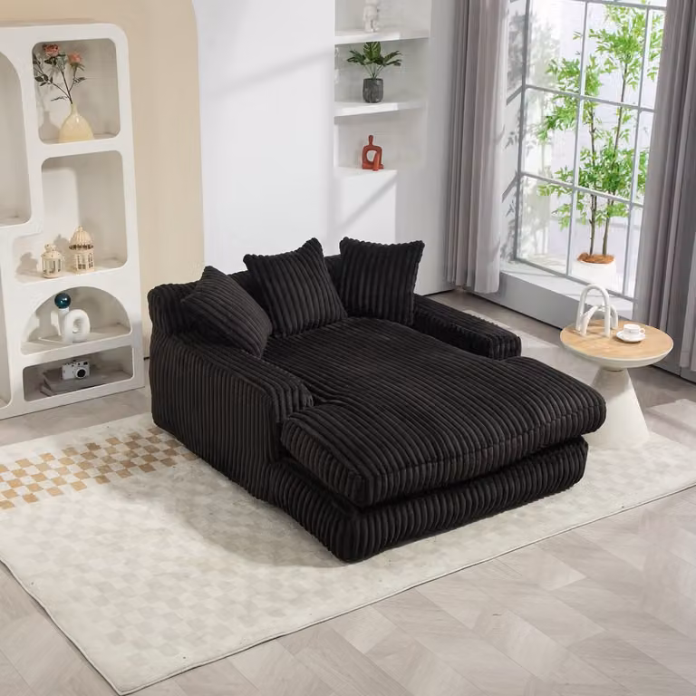 MODENUIT Chaise Longue met 3 kussens voor woonkamer of werkkamer, Ribstof, Zwart, B/D/H: 125 x 155 x 63 cm