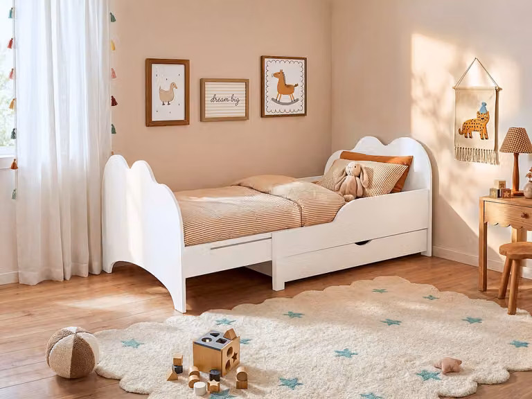 TEONIA Evolutief kinderbed met lade en matras, Wit, Grenen en MDF, B/D/H: 90 x 200 cm