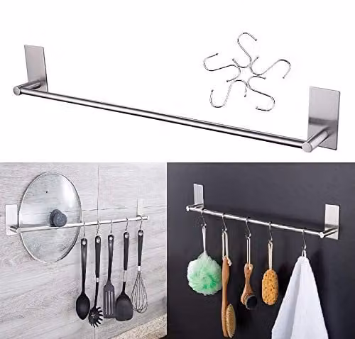 Zelfklevend Wandmontage Hangend Spoor van 40 cm met 5 Haken voor Keukengerei en Handdoeken