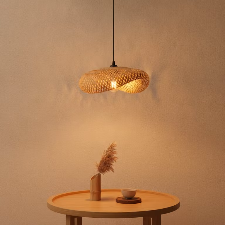 Lyora Adaline hanglamp van bamboe en hout, bruin, B: 42 cm, H: 160 cm, D: 32 cm