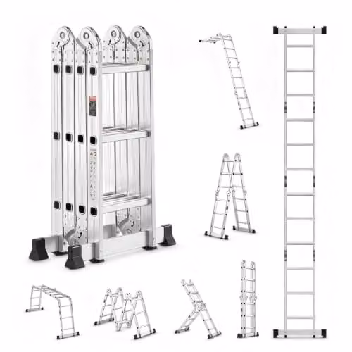 VEVOR Multifunctionele 7-in-1 opvouwbare ladder, aluminium telescopische ladder met 3,7 m bereikhoogte en 350 kg draagvermogen, zilver/wit