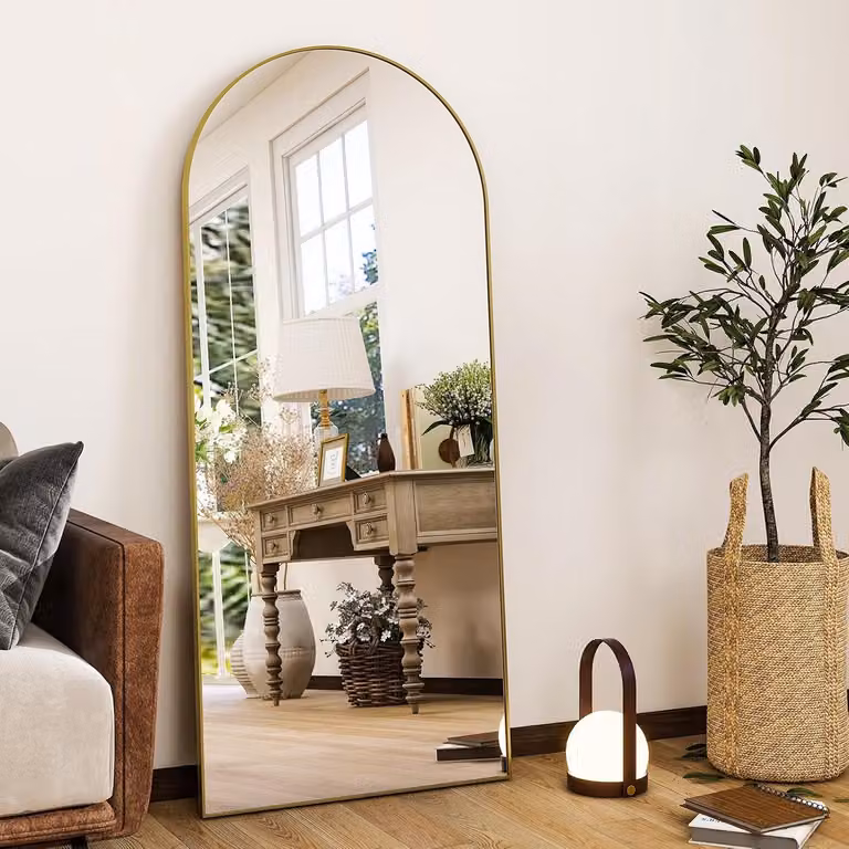 Grote Rechthoekige Vloerspiegel met Boogvormige Top en Aluminium Frame, B/D/H: 142 x 53 cm