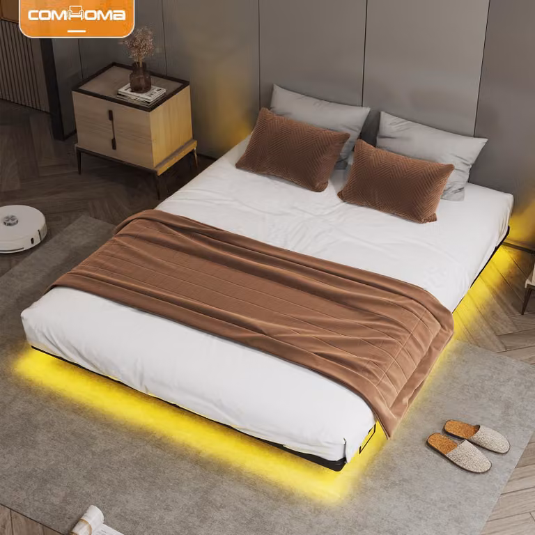COMHOMA Metalen Bedframe met LED-verlichting en USB-oplaadpunten, 120 x 190 cm