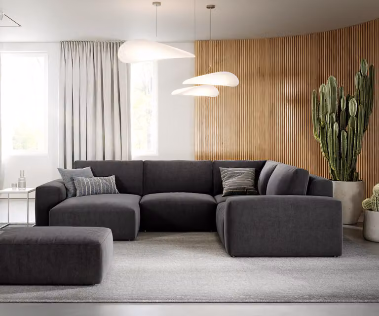 DELIFE Woonlandschap Lanzo L-vormige bank in zwart microvezel met variabele recamière en hocker, B: 303 cm, D: 210 cm, H: 70 cm