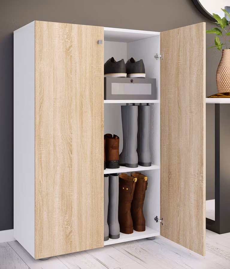 home24 Schoenenkast type B wit/bruin/Sonoma eikenhouten look, B: 70 cm, H: 110 cm, D: 39 cm