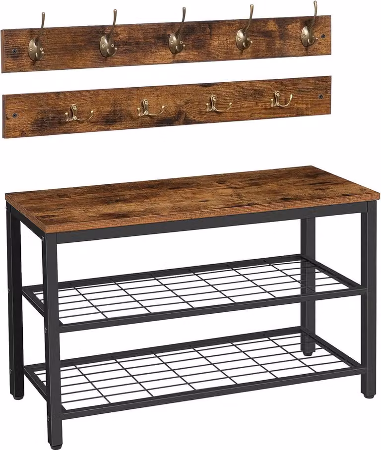 Industriële houten wandkapstok met bank voor kleding en tassen, zwart/bruin