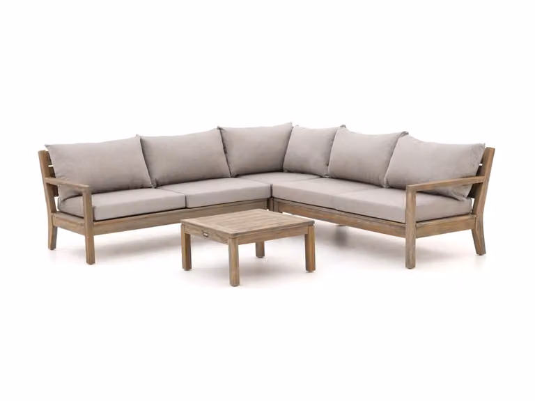 ROUGH Furniture Hoek loungeset voor 5 personen, Old Teak Greywash, L-vormig met grijze kussens
