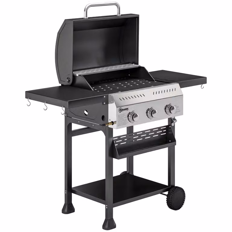Outsunny Gasbarbecue 9 kW met 3 Branders, Roestvrij Staal, inclusief Uitklapbare Zijtafels, Kruidenrek en Onderrek met 6 Haken