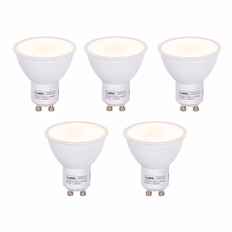 Set van 5 LUEDD GU10 LED lampen met schemersensor, 5W, 380 lm, 2700K warm wit, wit