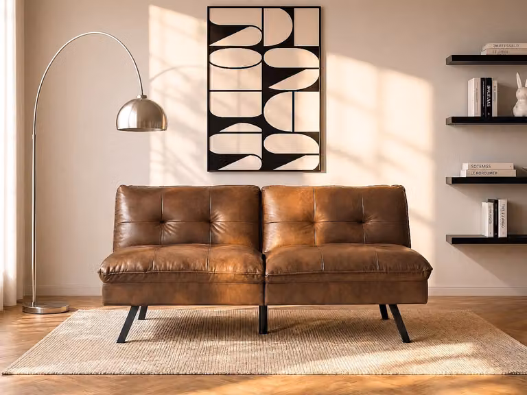 Vente-unique Driezits-bedbank PEGULA in bruin microvezel met vintage afwerking