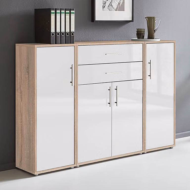 home24 Kastenset 3-delig modern in bruin en hoogglans wit met Sonoma eikenhouten look, B/D/H: 114 x 33 x 85 cm